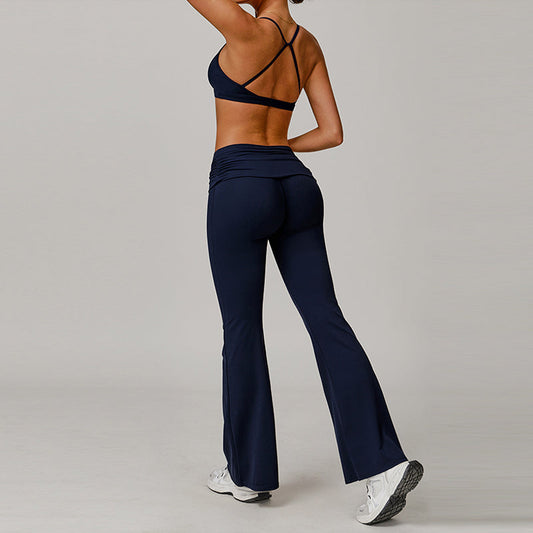 Cross Back and thin straps sports bras + Flared Leg pants 2-piece set