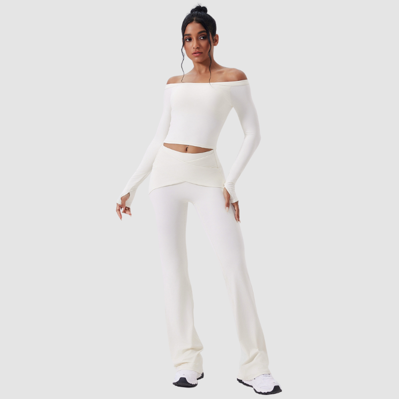 Wholesale off-the-shoulder yoga top + flared pants