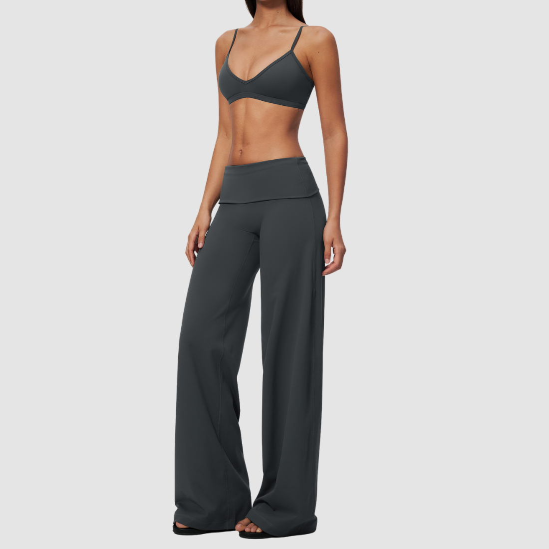 Wholesale Women's Brushed Yoga Set: Strappy Back Bra & Foldover Wide-Leg Pants