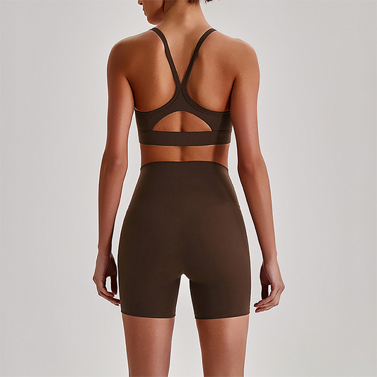 Wholesale Brushed Naked-Feel Open-Back Sports Bra & High-Waist Shorts Set – Sculpting Yoga 2-Piece