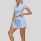 Slim-fit stand-up collar short-sleeved top+Anti-exposure design pleated skirt 2-piece set