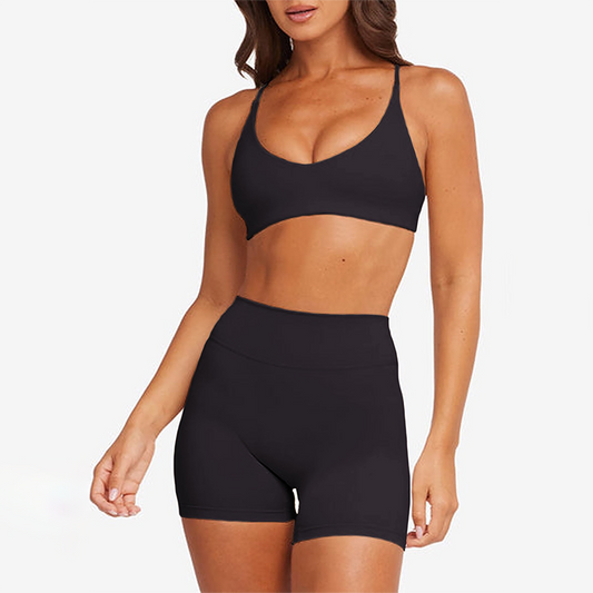 Cross back quick drying sports bra and high waisted shorts set