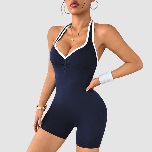 Wholesale Color-Block Halter Neck Backless Jumpsuit | Wonderxfans bulk activewear