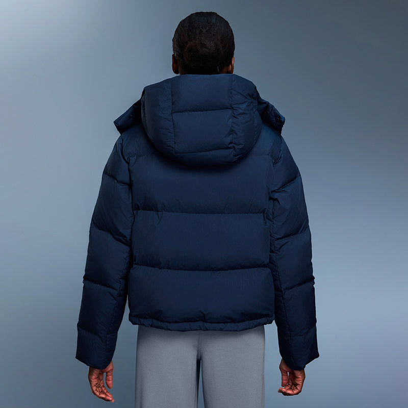 Detachable-hood relaxed-fit down jacket