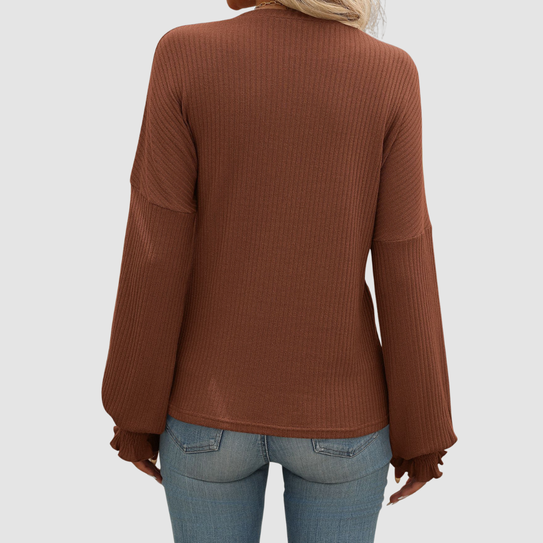 Wholesale Women's Ribbed Long Sleeve T-Shirt – Loose Ruffle-Sleeve Top