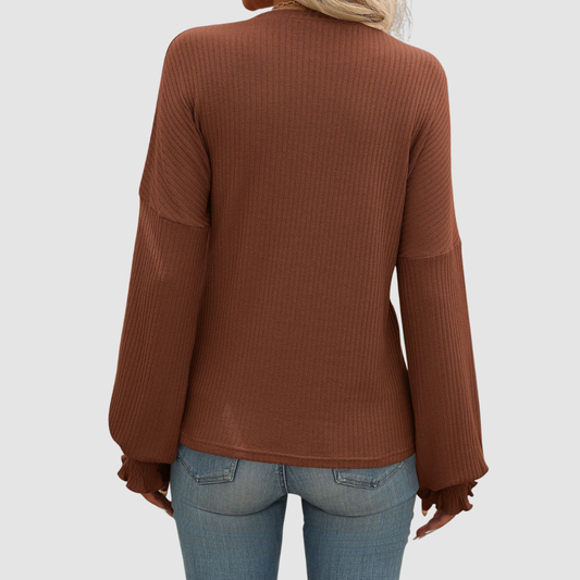 Wholesale Women's Ribbed Long Sleeve T-Shirt – Loose Ruffle-Sleeve Top