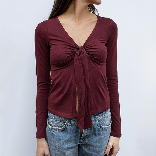 Wholesale Modal-Blend Tie-Front Bow Long-Sleeve Fitted T-Shirt – Elegant Slim-Fit Top