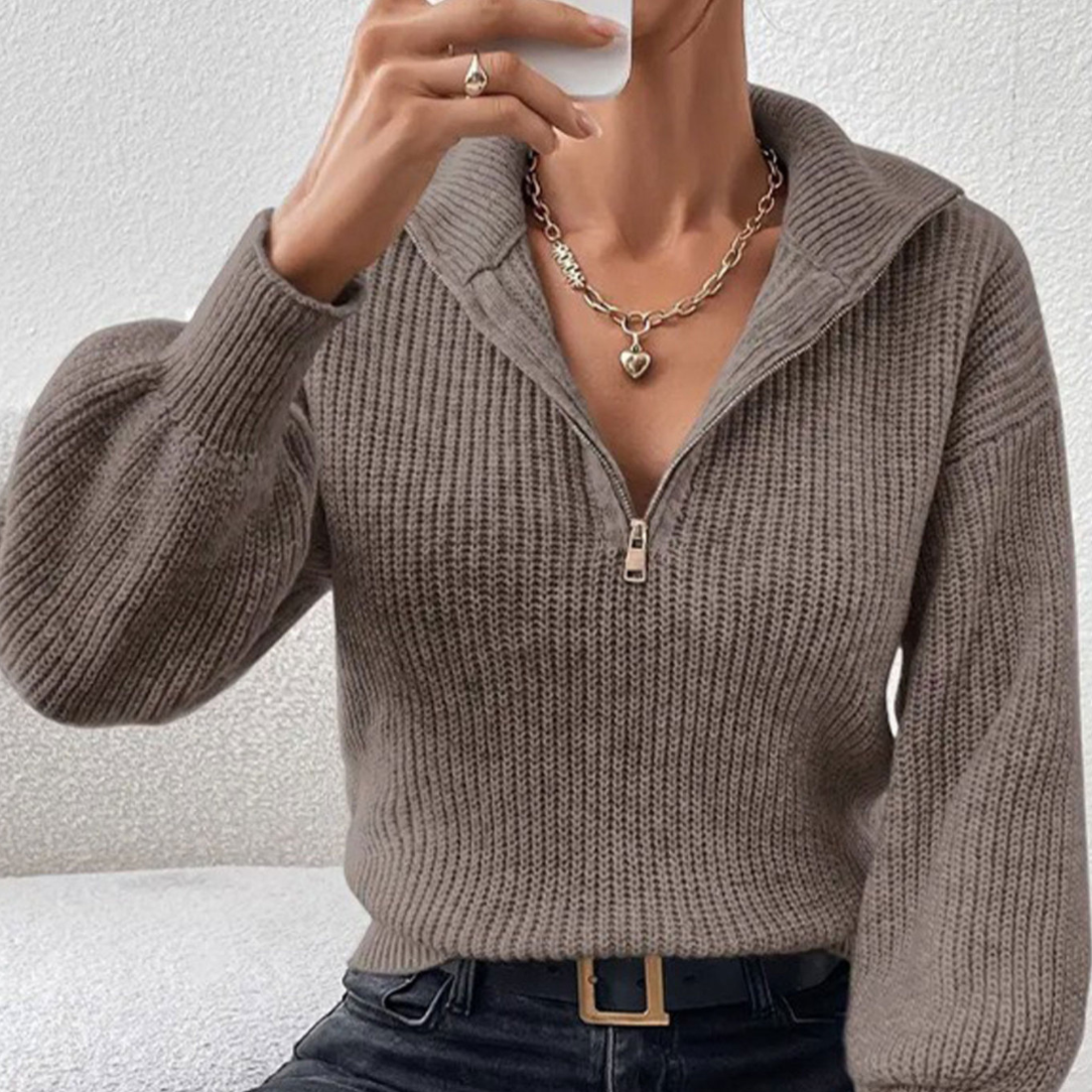 Wholesale Women's Sweaters Polo-Collar Zip Long-Sleeve Knit Sweater Top