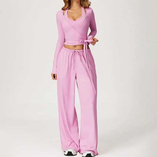 V-neck crop top+Open-back sleeveless crop+HIGH WAIST LEGGINGS 3-PIECE SET