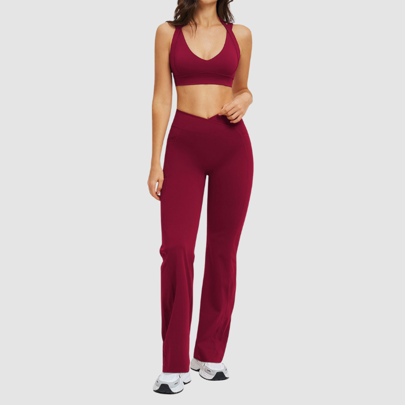 Wholesale Solid Color Halter Neck Sports Bra + High-Waisted Flare Pants