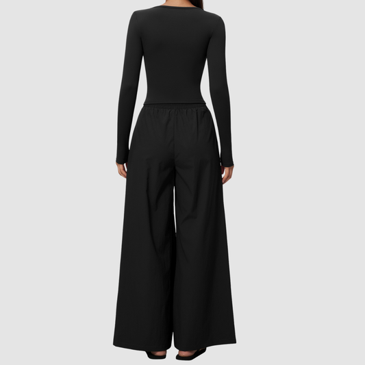 Wholesale Women's Brushed V-Neck Long Sleeve Top & Wide-Leg Pants Yoga Set
