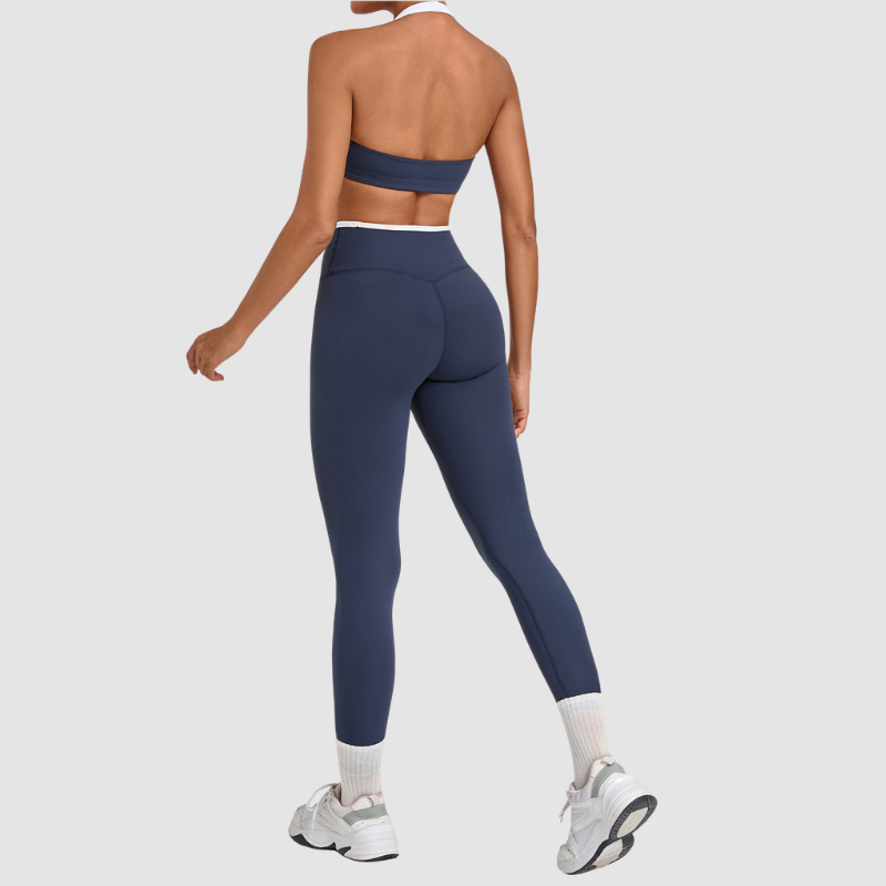 Wholesale Halter Neck Colorblock Yoga Set Sports Bra & Leggings – Naked Feel with Pocket