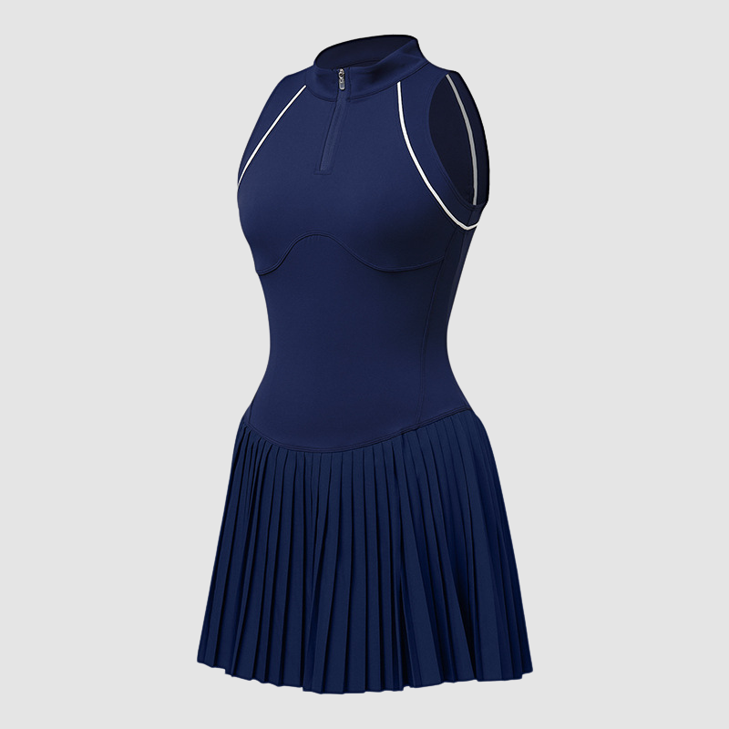 Wholesale Women's Half-Zip Sleeveless Tennis Dress – Anti-Exposure Pleated Sports Dress