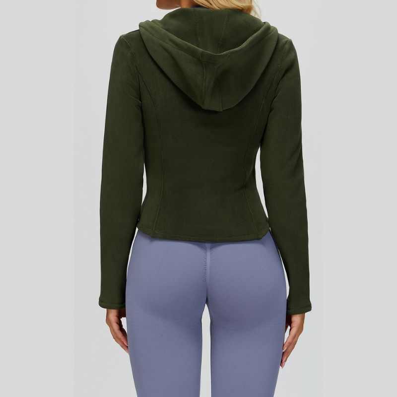 Fleece-lined hooded jacket with zipper.