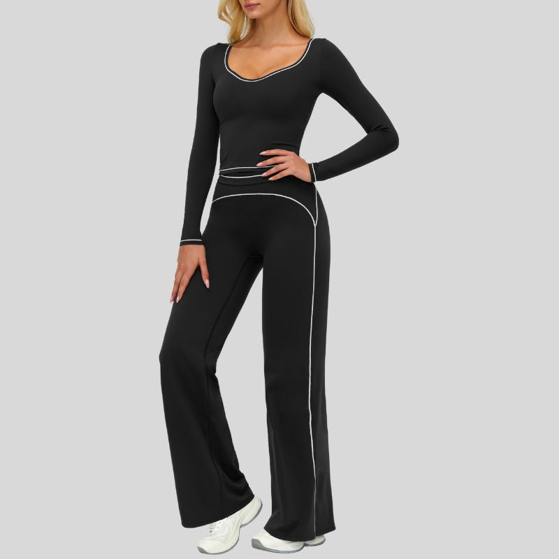 Color-blocked long-sleeved sports top+ High-waisted wide-leg pants 2-piece set