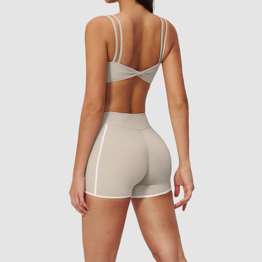 Wholesale Naked-Feel Stripe-Detail Sports Bra & High-Waist Biker Shorts Set – Sculpting Yoga 2-Piece