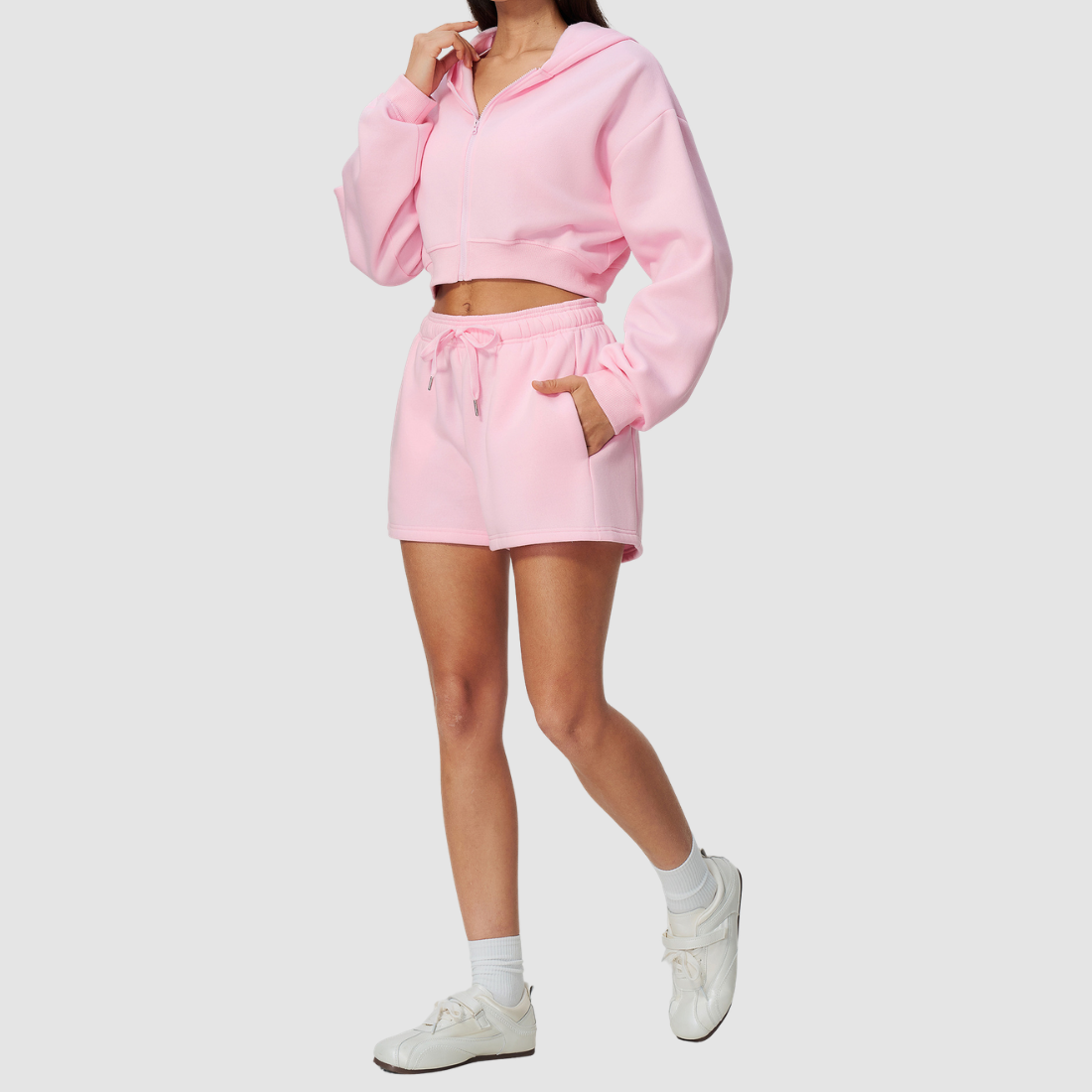 Wholesale Women's Relaxed Fleece-Lined  Zip Up Hoodie & Sweat Shorts Set