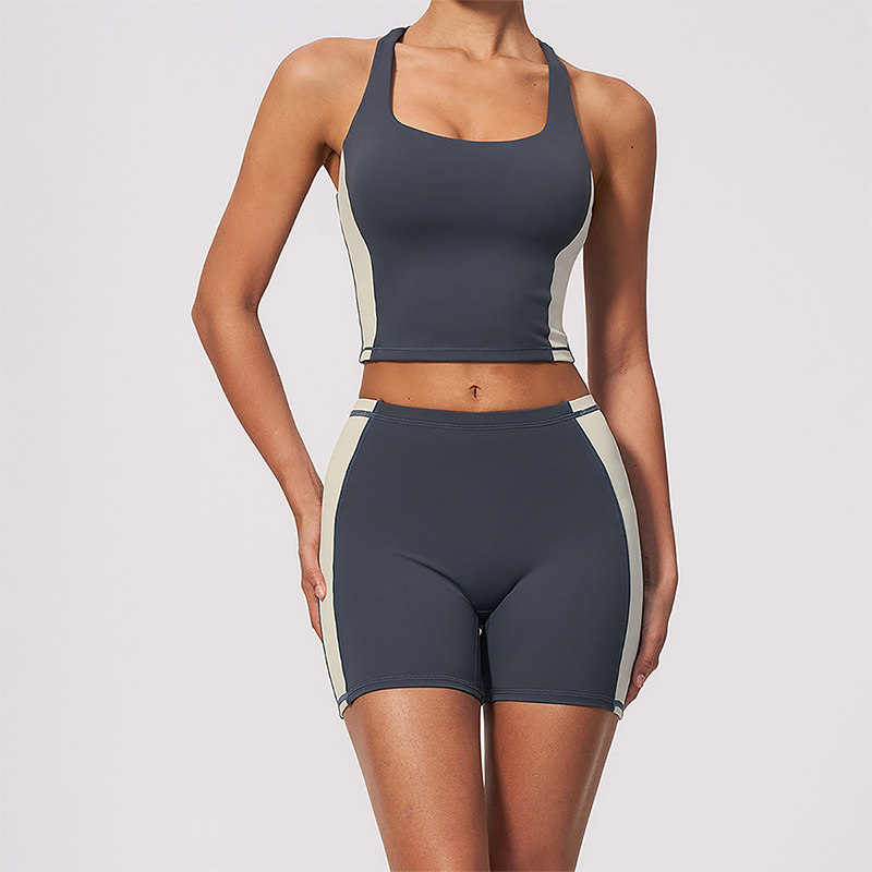 Wholesale Women's Colorblock Bare-Feel Yoga Set Tank Top & Shorts w/ Chest Pad