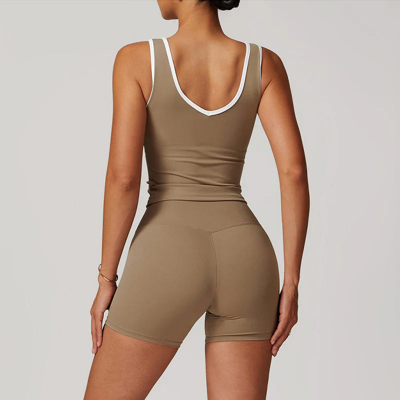 Débardeur de yoga en couleur contrastée et shorts à taille haute