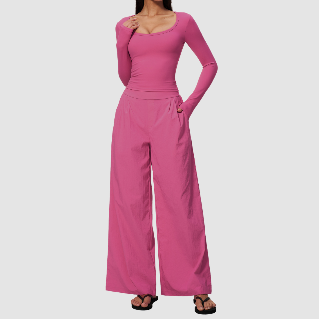 Wholesale Women's Brushed V-Neck Long Sleeve Top & Wide-Leg Pants Yoga Set