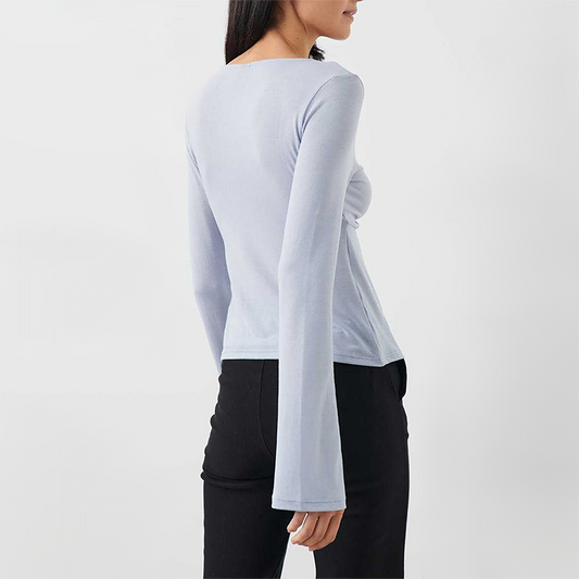 Wholesale Modal-Blend Tie-Front Bow Long-Sleeve Fitted T-Shirt – Elegant Slim-Fit Top