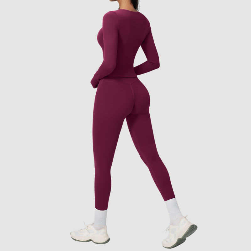 Wholesale Seam-Detail Long-Sleeve Crop Top & High-Waist Leggings Set – Brushed Yoga 2-Piece