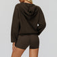 V-neck large hooded jacket+Sports tank top+High waisted shorts 3-piece set