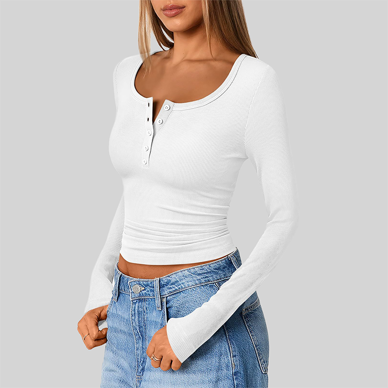 Wholesale Women's Button V-Neck Long Sleeve Ribbed Knit Top