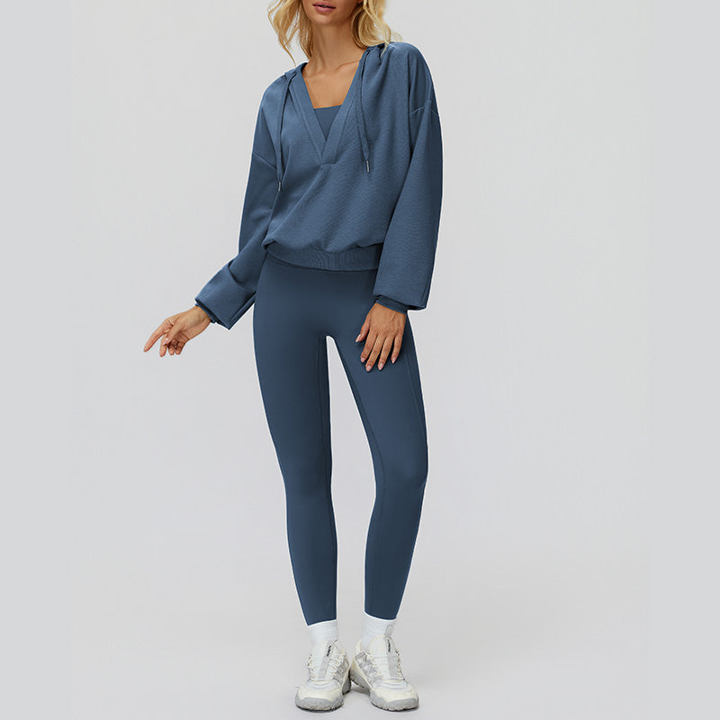 V-neck large hooded jacket+Sports tank top+High-waisted leggings 3-piece set