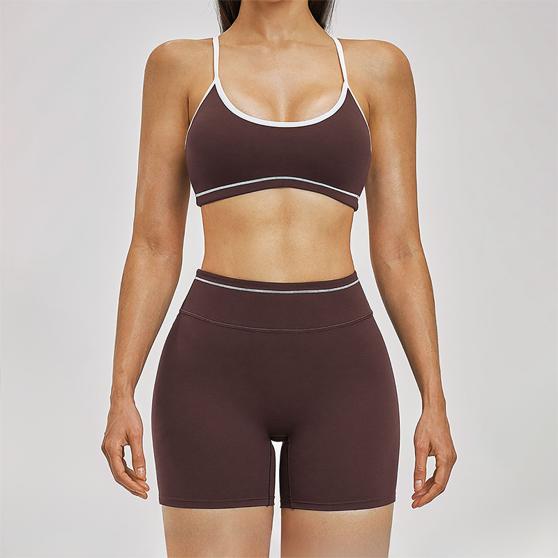 Wholesale Color Block Naked Yoga Halter Bra+Tight Shorts 2-Piece Set