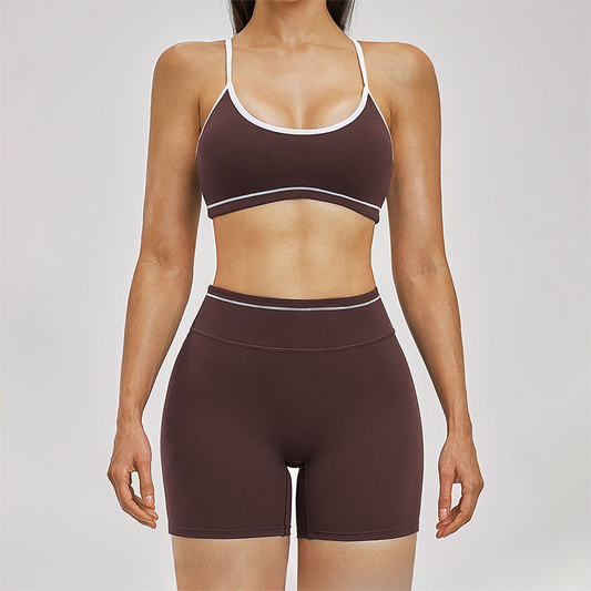 Wholesale Color Block Naked Yoga Halter Bra+Tight Shorts 2-Piece Set