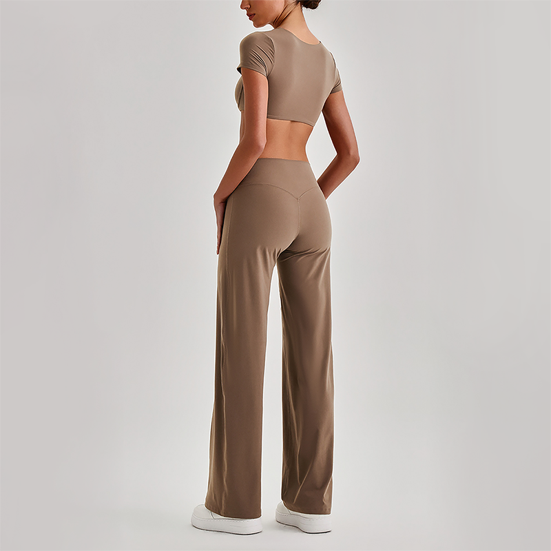 Wholesale Women's Short Sleeve Exposed Back Bra+Naked Feel Straight Leg Pants Yoga Set