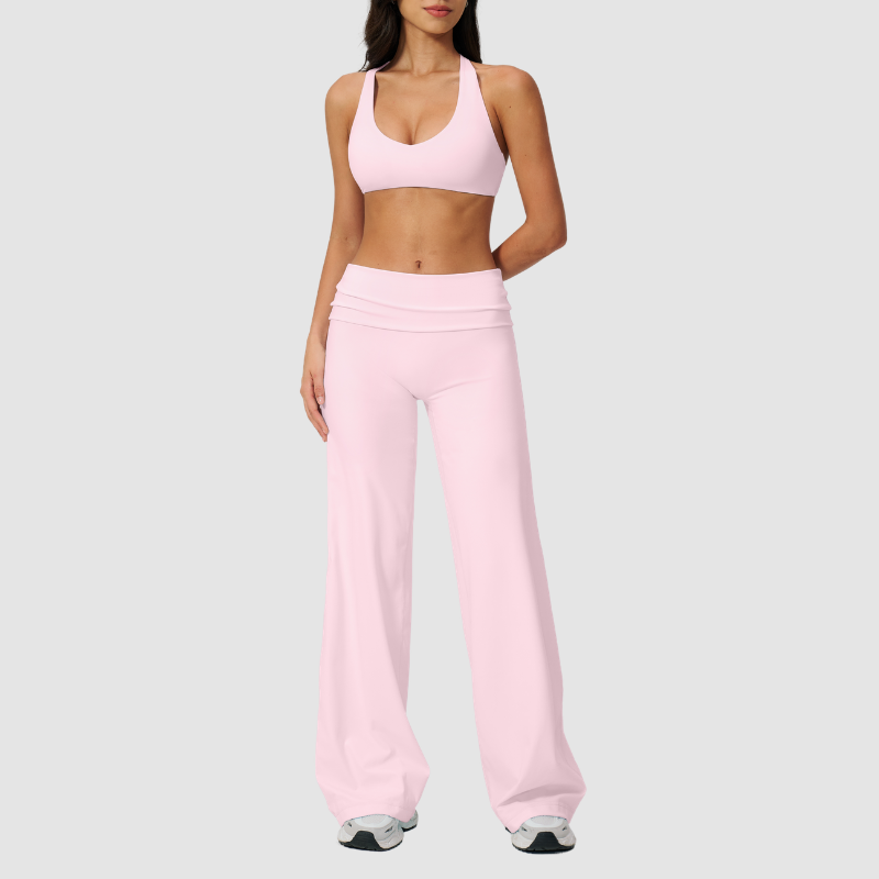 Wholesale Seam-Detail Sports Bra & Fold-up High-Waist Flare Leggings Set
