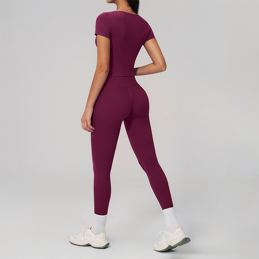Wholesale Seam-Detail Cropped T-Shirt & High-Waist Leggings Set – Brushed Yoga 2-Piece