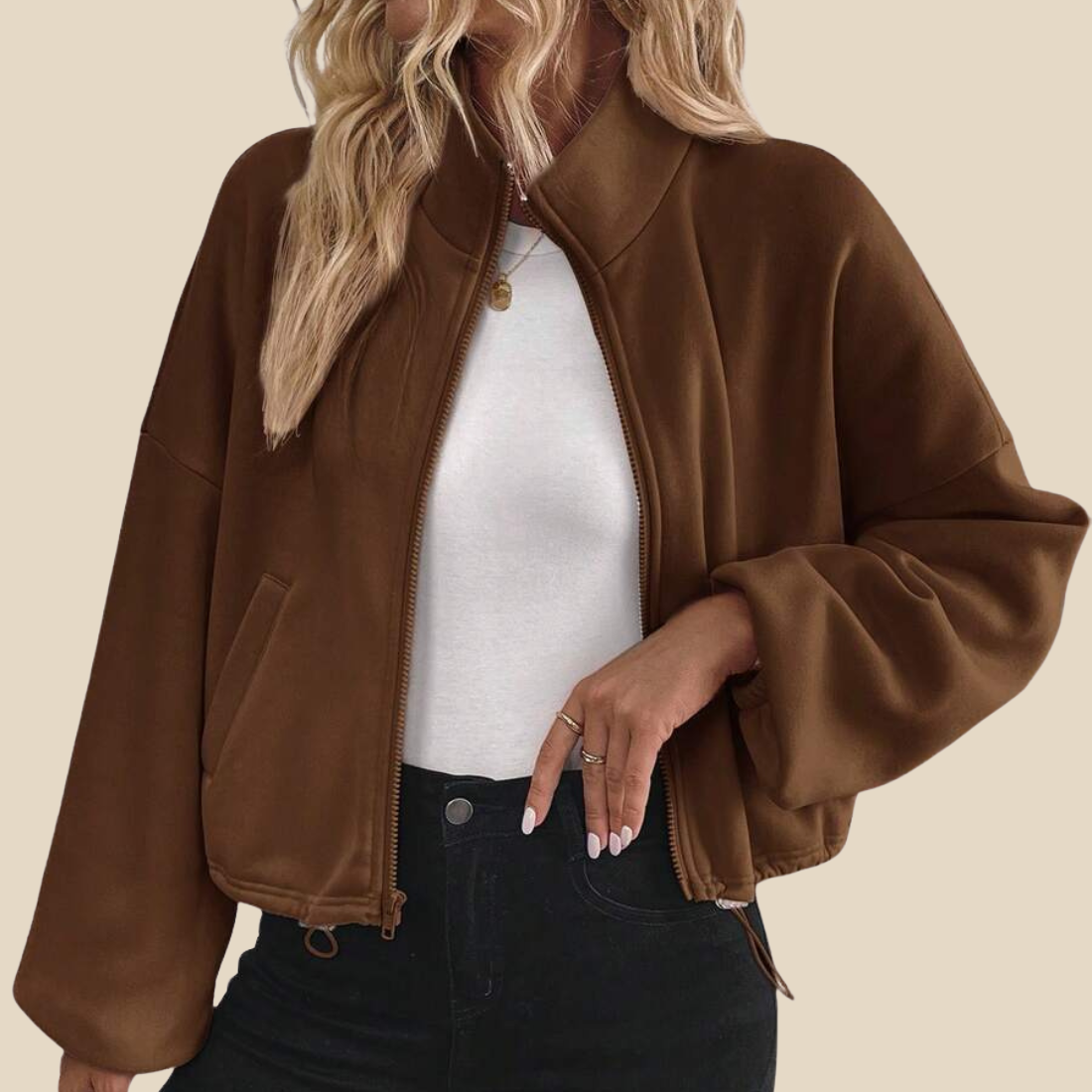 [Women's Casual Activewear] Fleece-Lined Stand-Collar Zip Jacket
