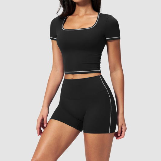 Wholesale Women's Seam-Detail Short Sleeve Crop Top + High-Waist Shorts Set – Butt-Lifting Yoga Gym Activeweare