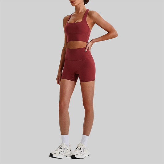 Wholesale Cross-Back Sports Bra & High-Waist Biker Shorts Set – Naked-Feel Quick-Dry Yoga 2-Piece