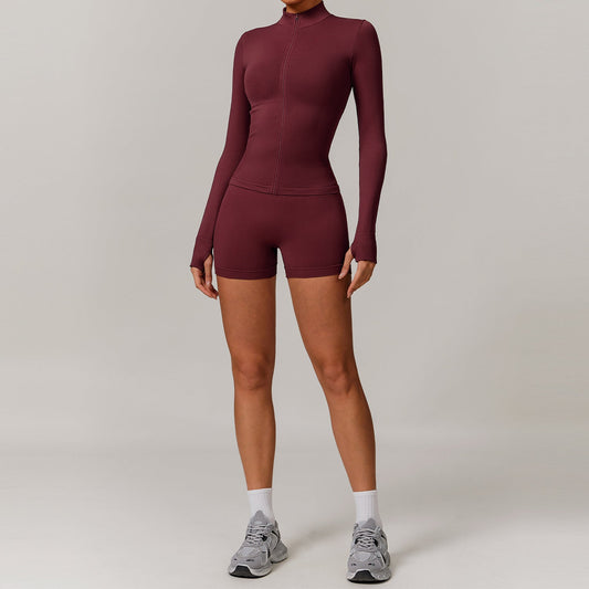 Seamless Full Zipper Fitness jackets + high waist shorts 2-piece set