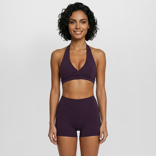 Deep V halter neck bra + high waisted shorts 2-piece set