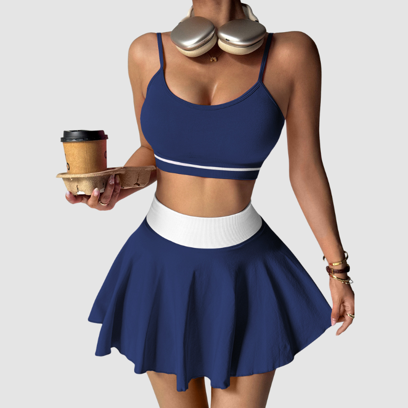 Wholesale contrasting color sports bra + patchwork skirt