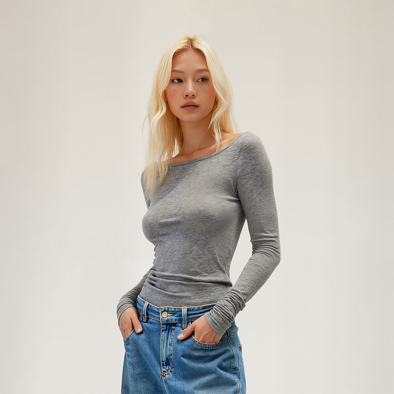 Boat neck slim waist bottoming shirt