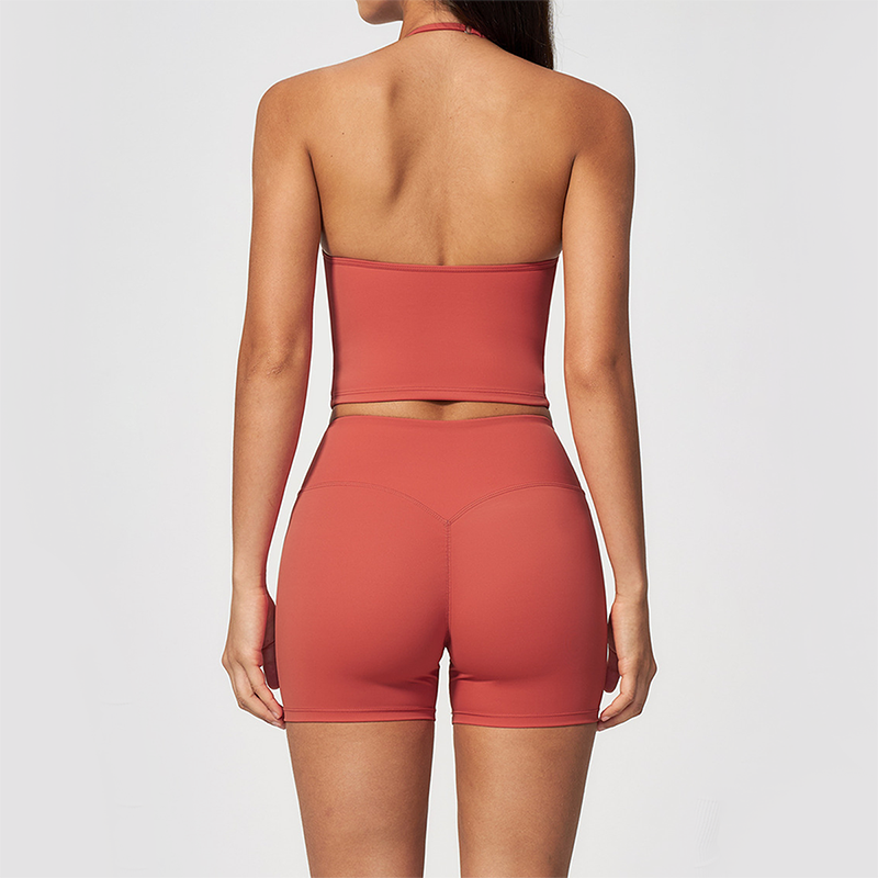 Wholesale Women's Halter Neck Yoga Set – Deep V-Neck Bra & High-Waist Shorts