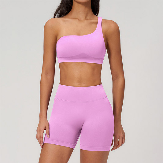 Wholesale Seamless One-Shoulder Sports Bra & High-Waist Biker Shorts Set – Quick-Dry Yoga 2-Piece