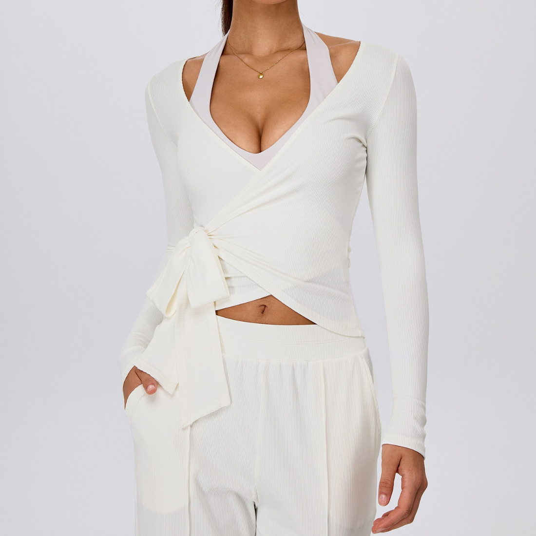 Wholesale Women's Ribbed V-Neck Tie-Front Long-Sleeve Yoga Cardigan