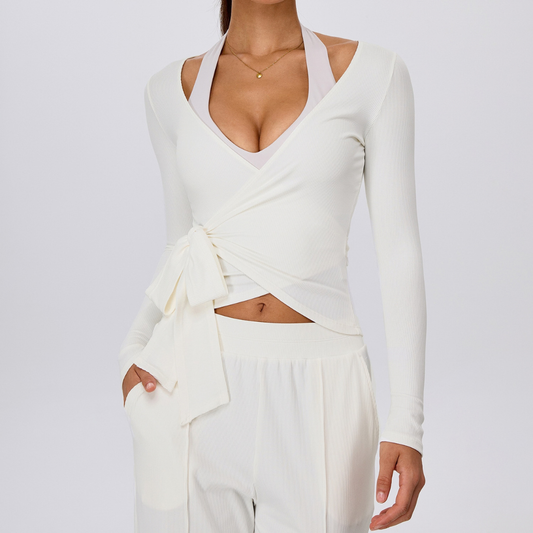 Wholesale Women's Ribbed V-Neck Tie-Front Long-Sleeve Yoga Cardigan