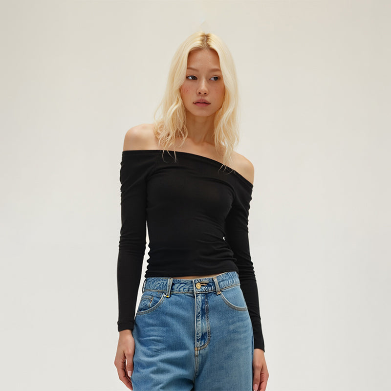 Boat neck slim waist bottoming shirt