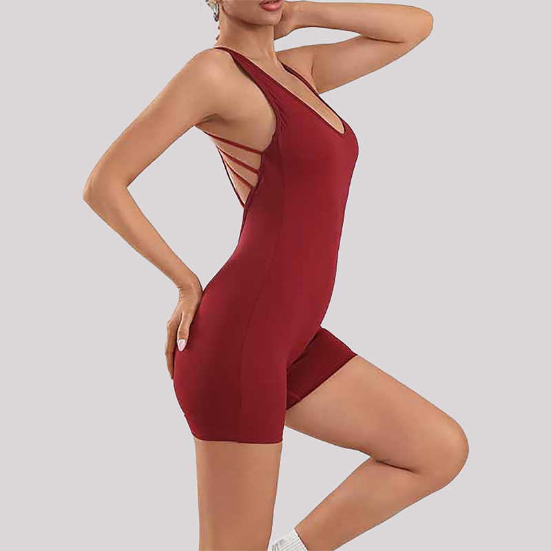 Wholesale Women's Open-Back Athletic Bodysuit – Cloud-Feel Double-Sided Quick-Dry Shorts Jumpsuit