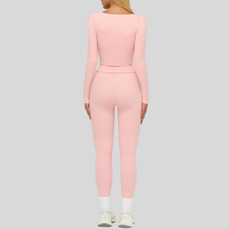 Color-blocked long-sleeved sports top+High waisted leggings 2-piece set