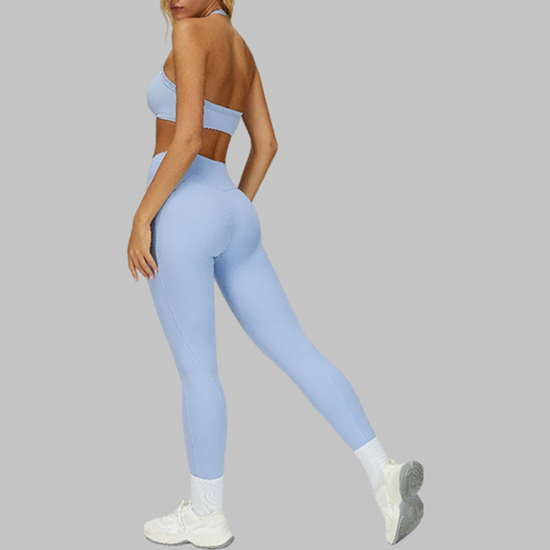 Removable padding sports bra+Pleated waistband sport leggings 2-piece set