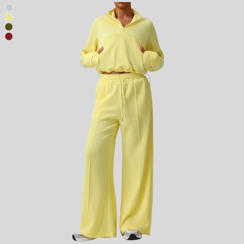 Thick half-zip sweatshirt + drawstring wide-leg pants 2-piece set